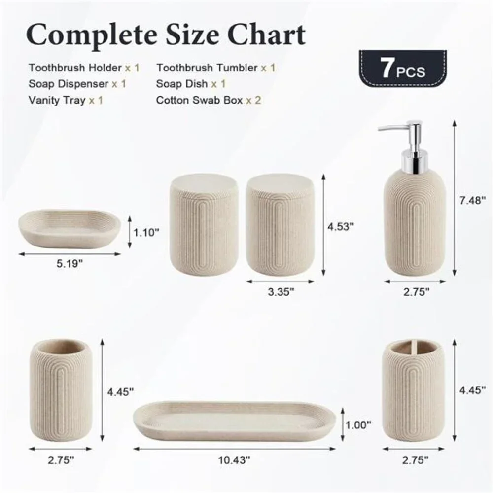 7 Piece Bathroom Accessories Set Soap Dispenser Toothbrush Holder Qtip Tray Tan